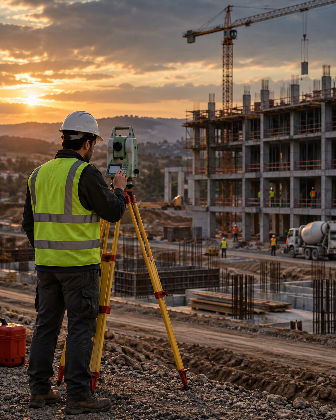 Topógrafo estaqueando obra de edifício com estação total